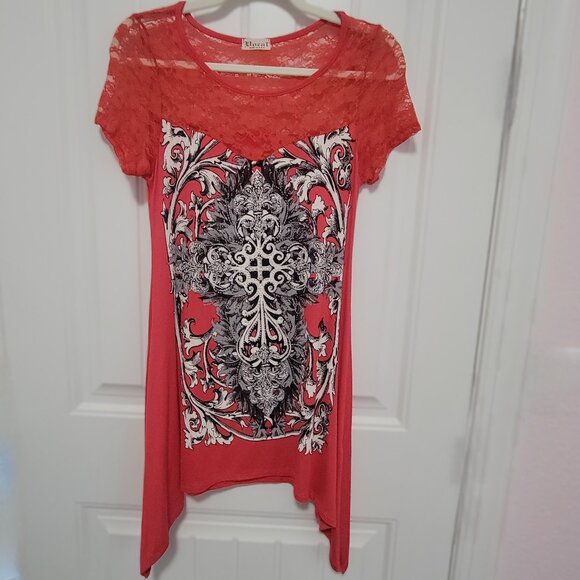 VOCAL Women's CRYSTAL EMBELLISHED RED CROSS Stretch SHIRT TUNIC Y2K Size Small - Picture 1 of 6